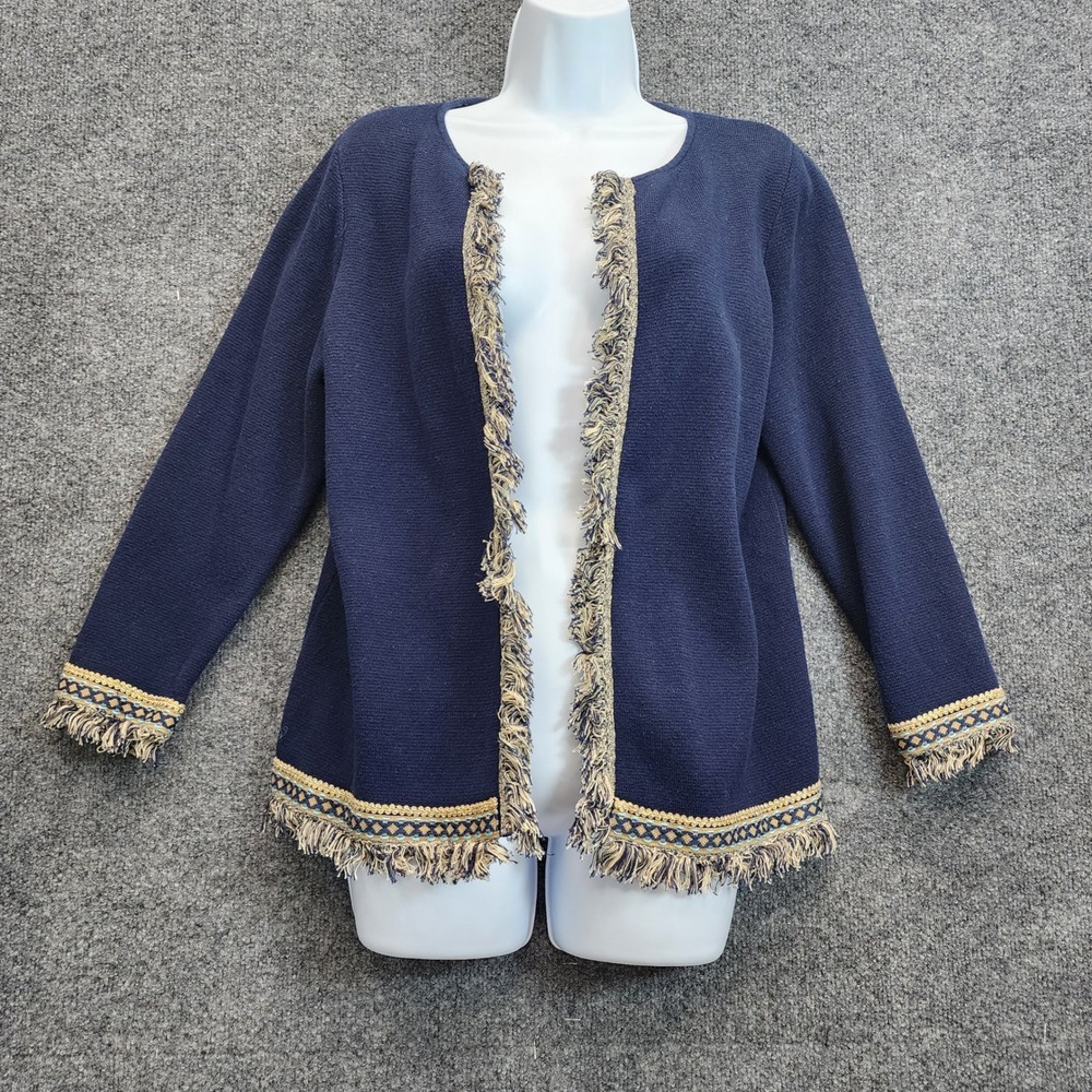 Chico's Womens Navy Fringe Boho Coastal Preppy Cotton Knit Open Front Cardigan 1